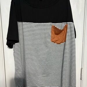 Black and White Striped T-Shirt with Brown Pocket